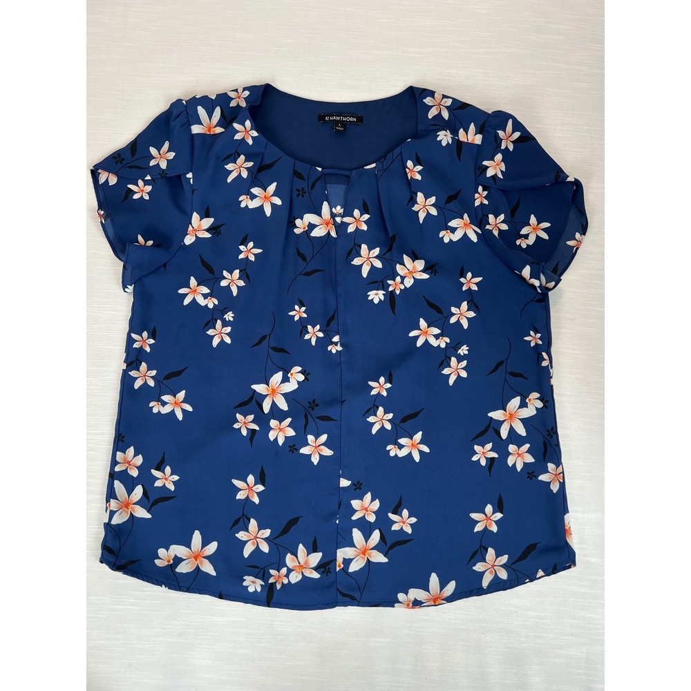41 Hawthorn Blue Floral Keyhole Pleated Blouse Short Tulip Sleeve Top Large - Picture 3 of 12